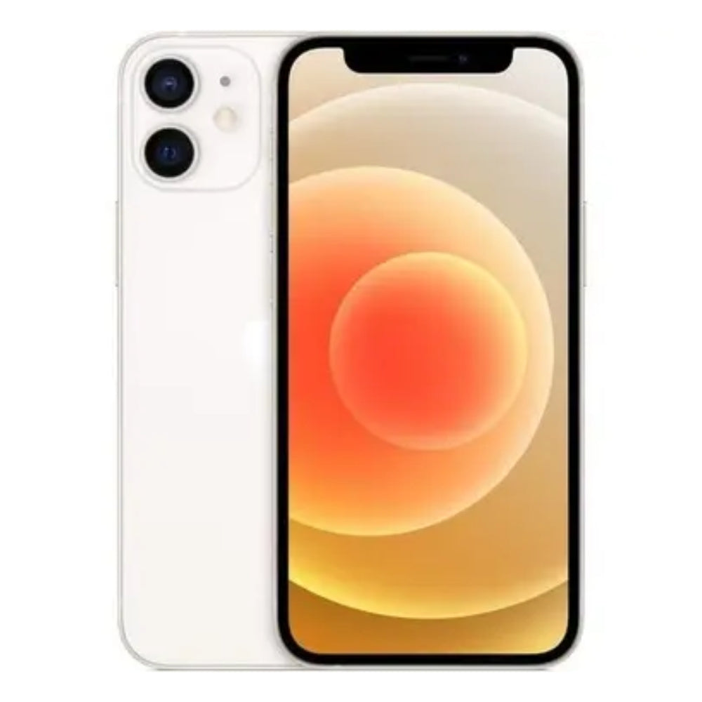 Apple iPhone 12 unlocked in White showing dual camera lens
