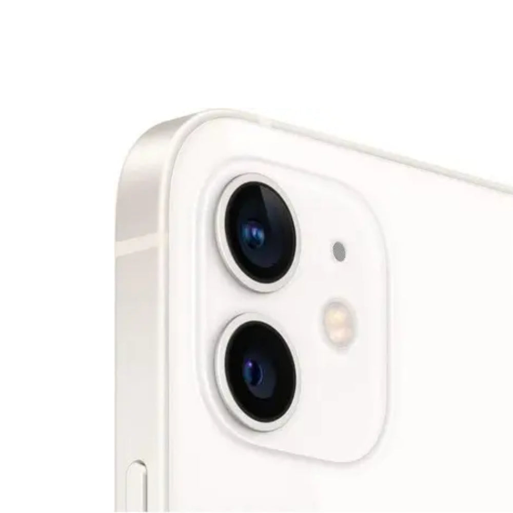 Apple iPhone 12 unlocked in White showing dual camera lens