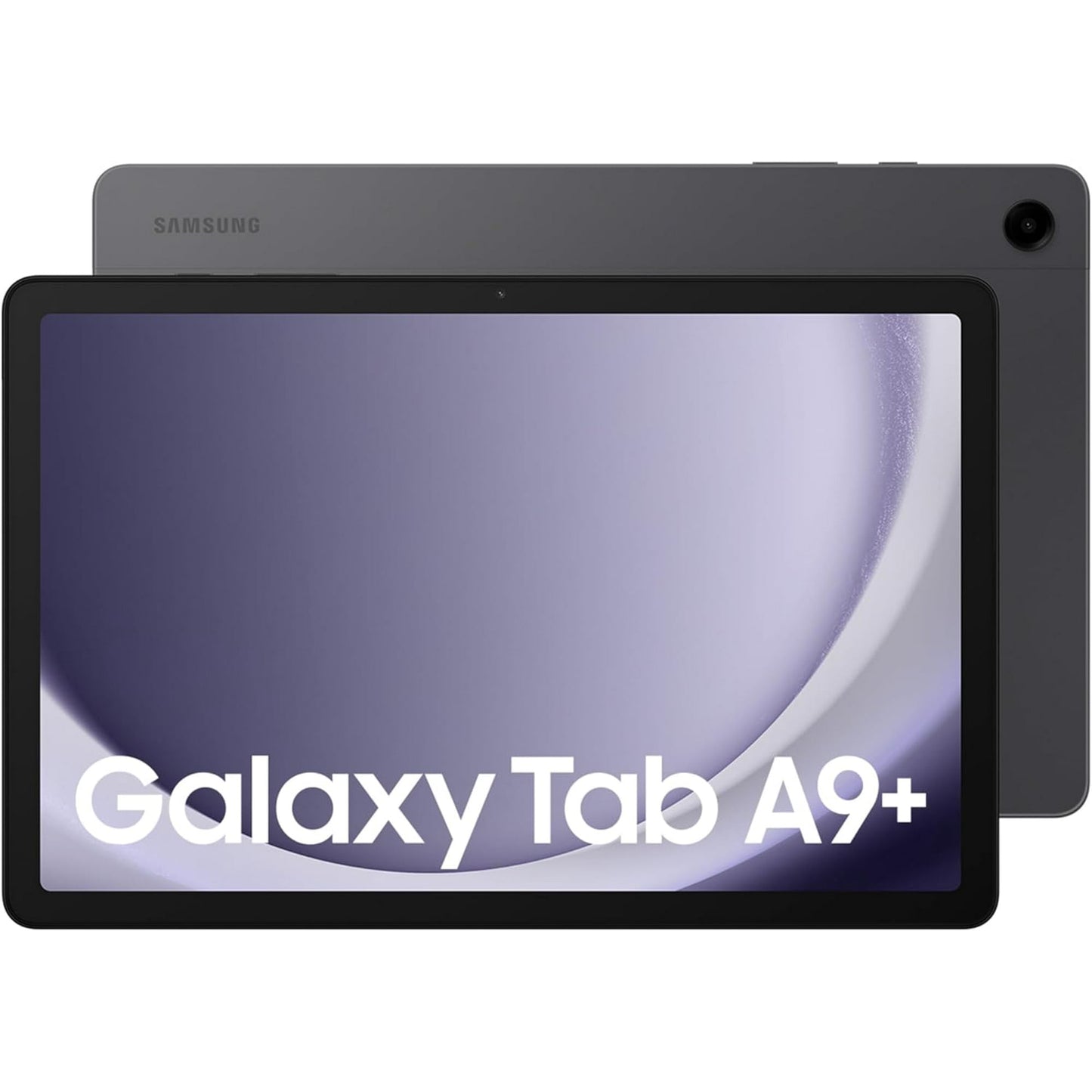 Front and back view of a dark gray Samsung Galaxy Tab A9+ tablet against a white background.