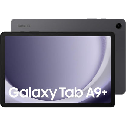 Front and back view of a dark gray Samsung Galaxy Tab A9+ tablet against a white background.